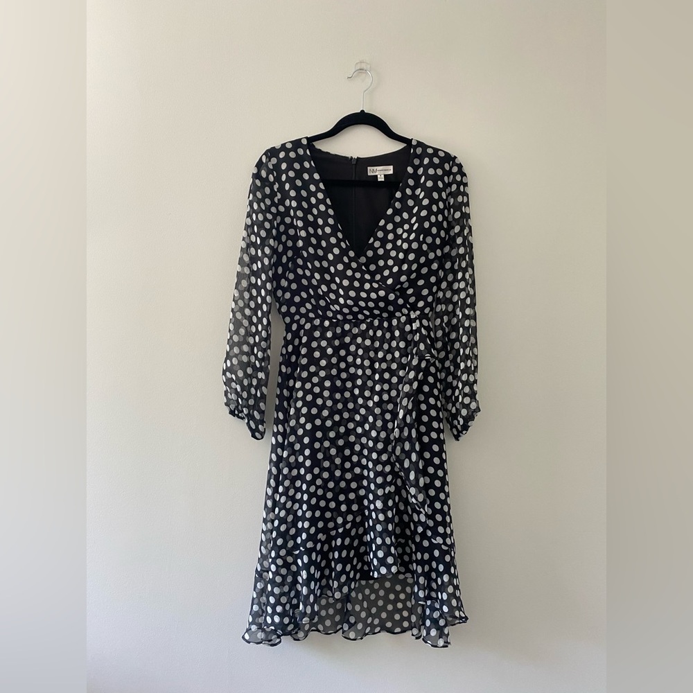 Neiman Marcus Dress Size 6 Faux Wrap Polka Dot Dress Black and White